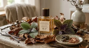 An earthy woody perfume bottle for mature women surrounded by crisp autumn leaves and rich patchouli leaves.