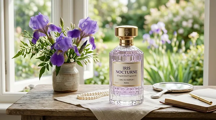 A luxurious glass perfume bottle showcasing an elegant iris fragrance, nestled among fresh purple iris blooms.