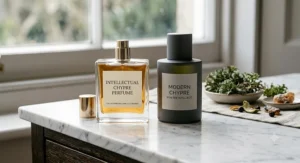 A side-by-side comparison of a vintage fragrance bottle and a modern intellectual chypre perfume container.