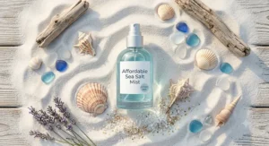 A aesthetic flat lay showing an inexpensive sea salt fragrance bottle surrounded by seashells, driftwood, and soft sand.