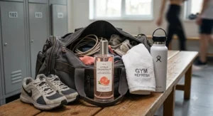 A vibrant summer workout scene featuring a fresh citrus grapefruit fragrance spray next to sneakers and athletic wear.