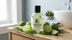 Fresh key limes and mint leaves displayed around a citrus cologne bottle for teen guys