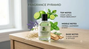 Fragrance pyramid illustration showing top citrus lime and fresh bergamot notes for teen boys fragrance