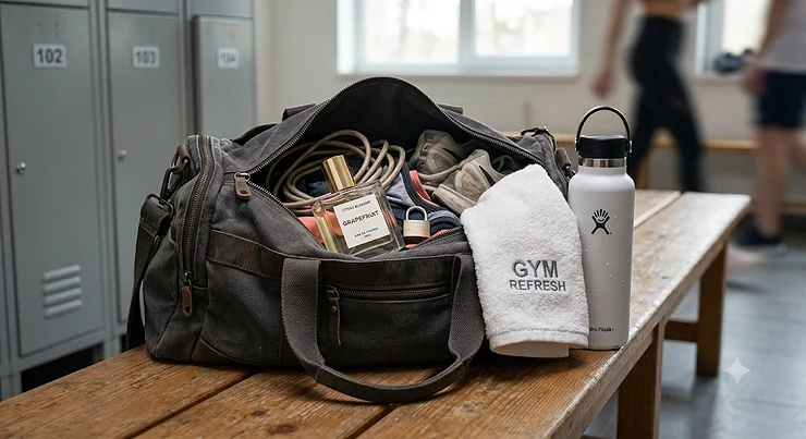 A refreshing grapefruit perfume bottle tucked into an open workout gym bag alongside a water bottle and hand towel. grapefruit perfume for summer gym bag