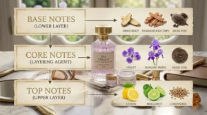 Informational chart illustrating how to layer an elegant iris fragrance with complementary citrus and musk notes.