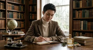 A sophisticated individual in a tweed blazer reading a book, capturing the dark academia aesthetic of an intellectual chypre perfume.