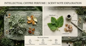 A minimalist fragrance pyramid diagram mapping the top, heart, and base notes of an intellectual chypre perfume.