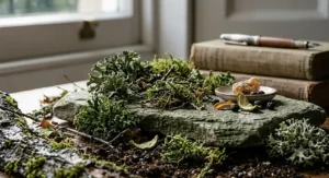 Fresh green oakmoss on wet tree bark, a foundational base note ingredient in intellectual chypre perfume.