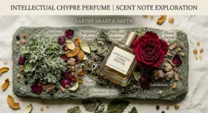 Earthy patchouli leaves and a crimson rose representing the complex heart of an intellectual chypre perfume.