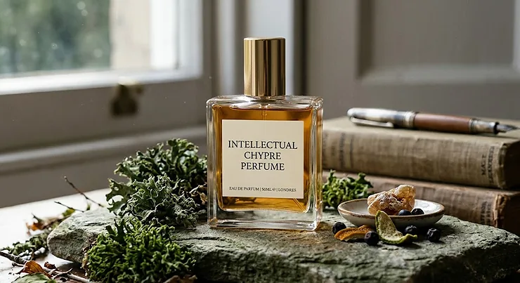 A luxury intellectual chypre perfume bottle resting on a stack of vintage books with a dark academia aesthetic.