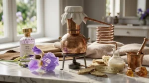 Graphic illustration detailing the traditional steam distillation of iris pallida roots to create luxury iris perfume oil.