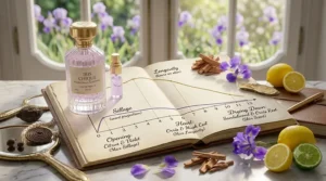 Visual chart displaying the longevity and sillage timeline of a premium, high-concentration elegant iris fragrance.