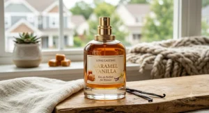 Long lasting caramel vanilla women perfume in a stylish glass bottle with golden accents
