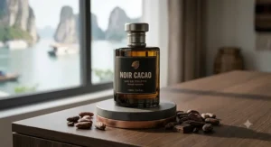 Long-lasting chocolate cologne spray for men priced under 50 dollars on a modern pedestal.