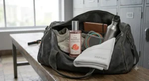 A sleek bottle of long-lasting grapefruit perfume highlighted as an essential summer gym bag fragrance.