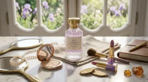 Top-down illustration of a chic vanity table with jewelry, cosmetics, and a bottle of elegant iris fragrance.