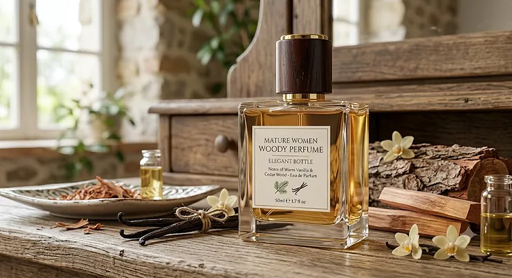 An elegant glass bottle of woody perfume for mature women with notes of warm vanilla and cedar wood.
