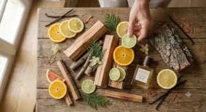 A flat lay illustration of mature women woody perfume ingredients including cedarwood sticks and fresh citrus slices.