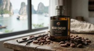 Men's chocolate vanilla cologne bottle under 50 dollars set against roasted cocoa beans.
