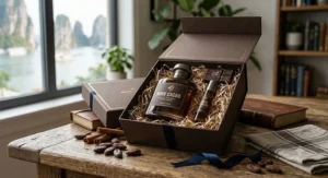 Elegant gift box containing a budget-friendly chocolate cologne for men priced under 50 dollars.
