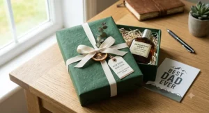 A beautifully wrapped gift box containing a citrusy bergamot cologne for men, perfect for a Father's Day or holiday present under forty dollars.