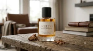 Minimalist fragrance bottle mockup with clean typography emphasizing a timeless, ageless woody fragrance for men and women.