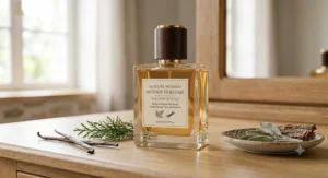 A minimalist glass bottle of woody perfume targeted toward mature women, showcasing clean American beauty branding.