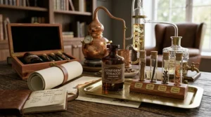 A flat lay vector illustration of men's grooming essentials featuring a premium watch, leather wallet, and a confident tobacco cologne bottle.