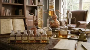 An artistic line-art illustration depicting the artisanal perfume distillation process used to extract oil for a confident tobacco cologne.