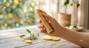 Petite hand holding an easy to carry citrus lemon perfume spray bottle