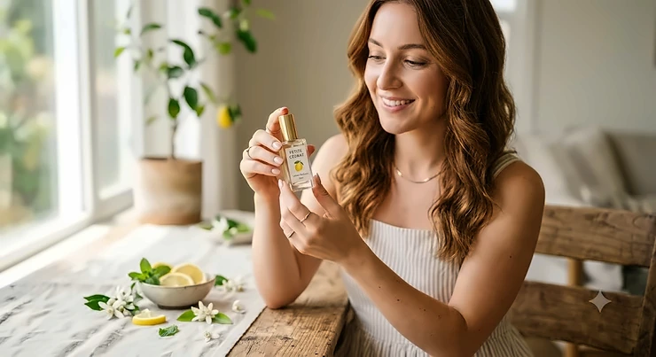 Petite woman holding a compact mini lemon perfume bottle designed for smaller hands