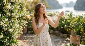 Stylishly dressed petite woman enjoying a light refreshing lemon perfume spray outdoors