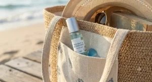 A compact sea salt perfume rollerball applicator tucked into a beach tote bag for easy everyday touch-ups.