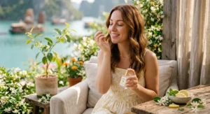 Smiling petite woman enjoying the uplifting scent of a light lemon perfume