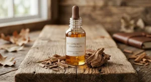 Dropper bottle of sandalwood essential oil next to raw wood chips, representing the base notes of an ageless woody fragrance.