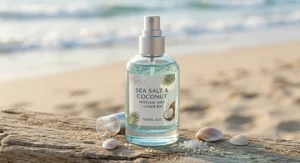 A chic travel-size sea salt and coconut perfume spray bottle designed for young women on a budget under 30 dollars.