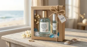 An illustrated gift set with a sea salt and citrus perfume spray for young women shopping under a 30 dollar price point.