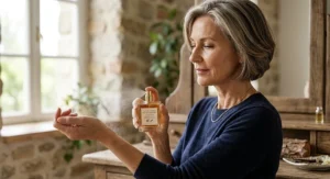 A sophisticated mature American woman in her 50s spraying a warm sandalwood and amber perfume.