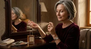 A stylish mature woman applying a warm, woodsy eau de parfum to her wrist before an evening out.