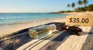 A bottle of men's bergamot cologne resting on a beach towel next to sunglasses, emphasizing a crisp summer scent that costs under forty dollars.