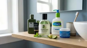 Lime cologne bottle sitting on a teenage boy bathroom shelf alongside daily skin care items