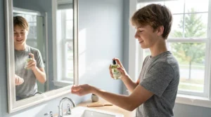 Teenage boy spraying fresh citrus lime cologne while getting ready in the morning