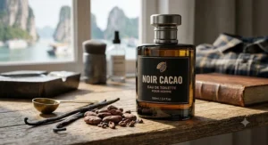 Top-rated budget men's chocolate cologne bottle displayed next to cocoa beans and vanilla.
