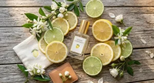 Flat lay featuring travel size lemon perfume for petite women with sliced lemons