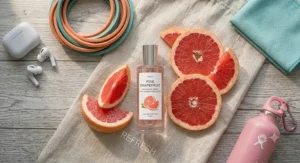 A small travel-size grapefruit perfume bottle displayed beside fresh sliced ruby red grapefruit for a post-gym refresh.