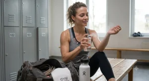 An athletic woman spritzing crisp grapefruit perfume on her wrist after an intense summer gym session.