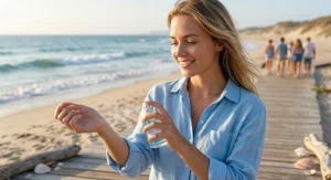 Illustration of a young woman applying a fresh sea salt spray perfume on her wrist during a beach boardwalk stroll.