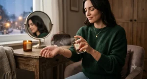 A woman applying warm vanilla fragrance to her wrist before heading out for a cozy romantic dinner in winter