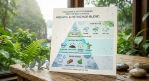 Fragrance pyramid chart highlighting petrichor, ozone, and crisp water notes ideal for humid climates.