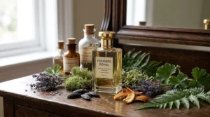 Artisanal glass apothecary bottle of classic fougère cologne for older gentlemen surrounded by herbal botanicals.